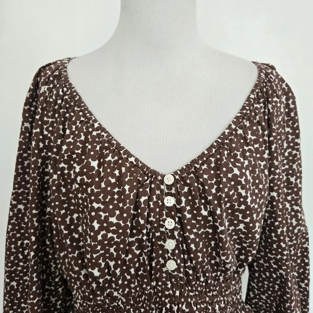 J Crew Womens Cottage Smocked Waist Top Mocha Brown Floral Boho Peplum Medium